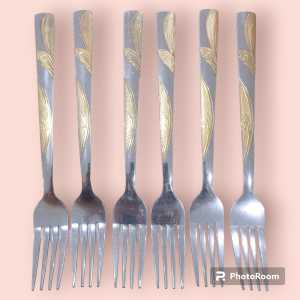 Sendok Garpu Makan Ukir Gold Daun Titik Titik Isi 6 Stainless Steels Anti Karat