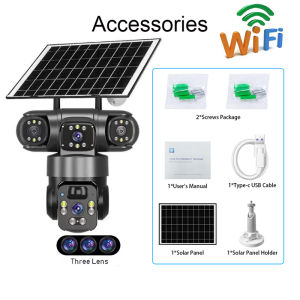 V380 Pro Solar Panel Powered Three Lens 360 Degree Wireless Surveillance Two-Way Audio Full Color Night Vision Waterproof CCTV Camera