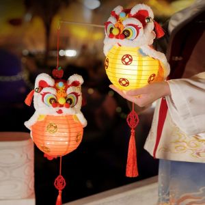 FEELING WELL ทำมือ โคมไฟสิงโตแบบถือ แบบจีน เรืองแสง โคมไฟเทศกาลกลางฤดูใบไม้ร่วง แบบพกพา แพ็คเกจวัสดุ DIY โคมไฟงานฝีมือแบบดั้งเดิม วันไหว้พระจันทร์