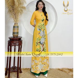 Áo Dài Lụa Habutai Hồng Hạc Cây Trúc Bonsai Sang Trọng K03 Vàng - Áo Dài Xuân Quỳnh