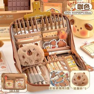 Kapibara Pencil 可爱笔袋 卡皮巴拉 笔袋 12层 美拉德色 大容量 铅笔盒袋 耐脏 帆布笔袋 文具袋 收纳 学生 文具 Case 12-Layer Melamine Color Large-Capacity Pencil Case Bag Dirt-Resistant Canvas Pencil。。。
