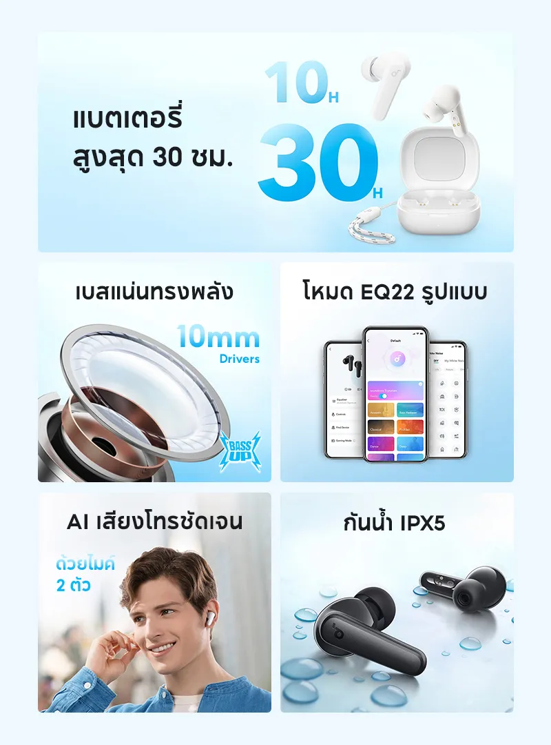 Soundcore R50i /R50i NC (P30i) หูฟังบลูทูธ สายหูฟังไร BassUp หูฟังไร้สาย บลูทูธ 5.3 EQ และกันน้ําระดับ IPX5, Game Mode