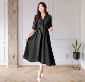 Dress Crinkle Midi Busui Fredly Premium Casual Korean Look - Dress Natal Korean Style - Dress Vintage - Dress Pesta Murah - Dress Casual
