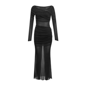 แม็กซี่เดรส สีพื้น แขนยาว คอปาดไหล่ยางยืด ผ้าตาข่ายกลิตเตอร์ วิบวับ มีซับในที่อกและสะโพก เย็บจับจีบลำตัว หรูหรา Dress ชุุดไปผับ #9245