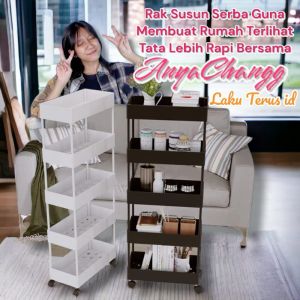 LT Rak Susun Serbaguna 4 Tingkat Dengan Roda Rak Kamar Mandi Bahan Plastik Portabel Rak Dapur untuk Ruangan yang Cantik dan Rapi