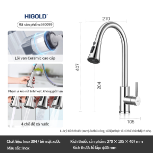 HIGOLD Vòi Rửa Bát Dây Rút Nóng Lạnh 980099 | 4 Chế Độ Nước Tăng Áp - Chống Bắn - Xoay 360 Độ