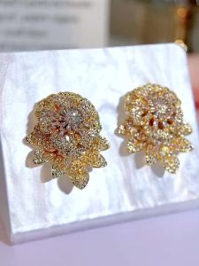 FCSEQUITO New Popular Brides Jewelry Black Gold Plated Full Pave Setting Multicolor AAA Cubic Zirconia Big Flower Shape Stud Earrings Wedding Ear Accessories SE920