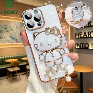 Luxury Hello Kitty Makeup Mirror Diamond Pearl Pendant Plating Holder Stand Phone Case Soft Back Cover For OPPO A15S A16K A16e A17K A36 A53 A54 A55 A57 A76 A93 A94 A95 A96 A58 A78