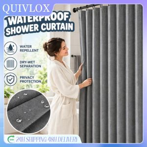 Pleated Shower Curtain Waterproof Polyester Fabric Opaque Privacy Mildew Resistant Wrinkle Free Hooks