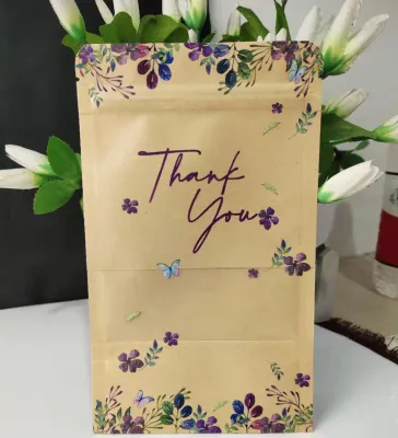 Doorgift - 50pcs Thank you Ziplock Bag 12x20cm Floral Kraft Paper Bag Goodies Gift Bag Ziplock Bunga Murah Bajet Borong Beg Cenderahati