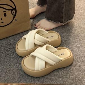 Free Shipping WomenS Slip-On Thick-Soled Sandals 2026 Summer New Korean Style Versatile Height-Increasing Cross-Strap Beach Sandals