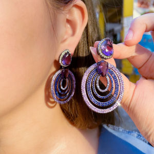 SEQUITO Retro Micro Dark Blue Cubic Zirconia Pave Purple Crystal Big Long Black Gold Plated Round Dangle Drop Earrings For Women SE525