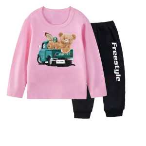 F.F stelan celana joger atasan kaos oblong lengan panjang anak perempuan motif beruang 1899 untuk anak usia 1-11 t6hn bahan adem lembut