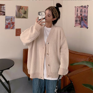 Sweater Rajut Wanita Lengan Panjang Kerah V Longgar Mantel Kardigan Bergaris Atasan Hangat Retro