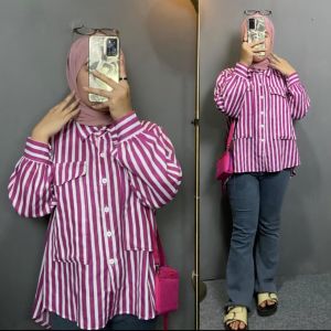 Kemeja Oversize Kantong Dua Bahan Poly Rayon Premium Motif Strip Garis Salur Kancing Aktif