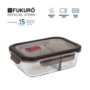 Fukuro Twin Compartment Glass Container 1000ml – Yoki Borosilicate Glass Airtight Leak-Proof Lunch Box with Air Vent