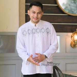 BAJU KOKO BORDIR PUTIH LENGAN PANJANG KEMEJA BUSANA MUSLIM PRIA DEWASA KATUN SAKU SAMPING KIRI DAN KANAN MOTIF UMAR BATIKPANJIKHAMIM.STORE