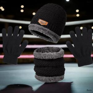 [COD] Buin 3-Piece Winter Mens Hat Set Scarf Gloves And Neck Warmer All In One Fleece-Lined Knitted Hat