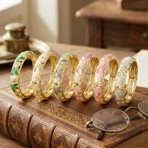 SIQIN Enamel Floral Vintage Cloisonne Bangle Traditional Colorful Flower Crystal Bangle Bohemian Classic Womens Hand Bracelet Ladies