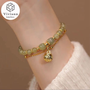 Viviann Original Hetian Jade Gold Wind Bell Jade Beads Handmade Double Layer Bracelet For Women Palace Bell Pendant Bracelet Luxury Charm Bracelet &Bangle For Women Elegant Jewelry