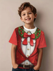 2025 New เสื้อยืดเด็กผู้ชายลายตลก ชุดคริสต์มาส ลายพิมพ์ 3 มิติ เสื้อยืดแขนสั้นฤดูร้อน เสื้อยืดลำลอง เสื้อผ้าเด็กผู้ชาย เสื้อผ้าเด็กสำหรับวันหยุด