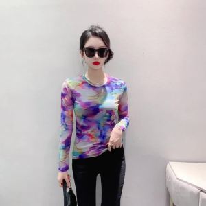 Ammin Áo thun cotton dài tay in họa tiết màu chữ R thời trang mùa hè mùa Vòng cổ đơn giản 2024 áo Áo Blouse thanh lịch ống tay phồng ngoại cỡ thoải mái cho phong cách hàn quốc nữ in graffiti thường ngày