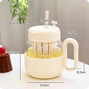 OHHDEER 600ML Glass Tea Separation Water Cup Double Drinking Straw Glass Cup Large Belly Flower Tea Separation Water Cup