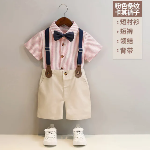 Baby Boys Clothing Set Kids Formal Strap Shirt Shorts Bowtie Wedding Birthday Dress Children Piano Dance Performance Costume