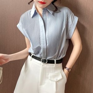 White Shirt Short Sleeved Top For Womens Summer Pleated Design Professional Style Niche Chiffon Blouse Trend