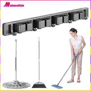Durable Wall Mount Broom Holder with Hooks for Kitchen Laundry and Garage