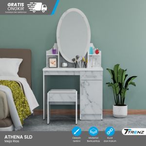 Trenz Furniture - Meja Rias Marble Kaca Sliding Geser Meja Kosmetik dengan Laci Rak Matkens Athena SLD