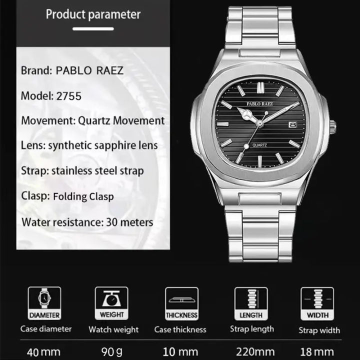 PABLO%20RAEZ%20Latest%20Model%202755%20Waterproof%20Business%20Style%20Square%20Men's%20Watch%20With%20Steel%20Band%20Calendar%20-%20Image%204