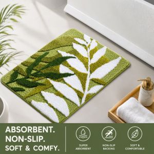 Green Leaf Plush Floor Mat Absorbent Anti Slip Quick Dry Soft Rug For Bathroom Kitchen Living Room Doormat