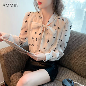 Ammin thời trang phong cách Hàn Quốc Lỏng Lẻo Đa Năng Dây Nơ Tay áo dài Hoa áo cánh vải voan Cho Phụ Nữ 2023 Mùa Thu Thiết Kế Mới tay áo bong bóng áo in