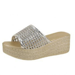 [Free Shipping] Summer Shiny Hollow Wedge Heel Sandals For Women Thick-Soled Height-Increasing Slip-On Non-Slip Beach Vacation And Casual Outdoor Slippers