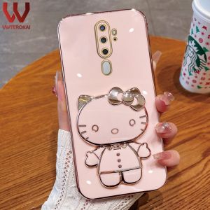 Vwterokai thời trang dễ thương 3D Hello Kitty gương trang điểm đứng chủ Electroplate vỏ điện thoại cho Oppo A11 F1s F11 Pro F7 F9 A5 2020 A9 2020 A52 A55 A53 A33 A83 A74 A95 A78 A58 a17k mịn mạ vàng vỏ lưng silicon
