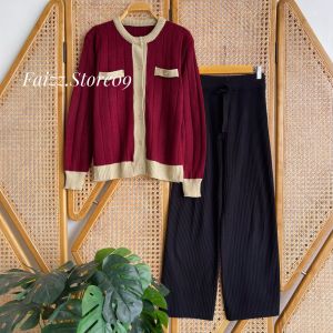 Oneset Amisha Cardigan Rajut Stripe Lengan Panjang Setelan Celana Kulot Wanita Premium Kekinian