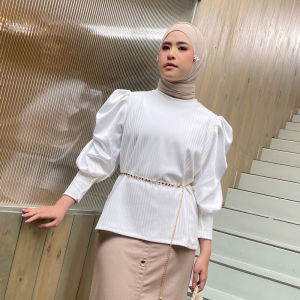 Blouse Knit Puff Mix Satin / Kemeja Lengan Balon / Blouse Korean Style / Blouse Viral 2024