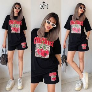 เซทเสื้อยืดคอกลมแขนสั้น ทรง oversize สกรีนกลางอก มาพร้อมกางเกงขาสั้นเข้าเซท ชุดเซ็ท Yunaka