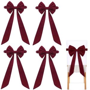 UUMIR Velvet Christmas Red Chair Bows Elastic Ribbon Gift Bows Big Bows Tie Back Elegant Burgundy Chair Sashes for Christmas Wedding Party Decoration