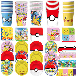 Pokemon วันเกิดตกแต่งผ้าเช็ดปากถ้วยผ้าปูโต๊ะบนโต๊ะอาหารกล่อง Pikachu ตกแต่งเด็กโปรดปรานชุดอุปกรณ์