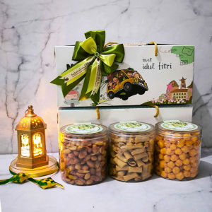 Paket Kacang Prioritas Nutnut (Baru Diproduksi - EXP 2026) / Parsel Kue Lebaran Kue Kering Kue Hari Raya - Cemilan Keluarga Bingkisan Makanan Varian Snack Kacang Isi 3 Toples + FREE Greeting Card + Pita + Bubble Wrap