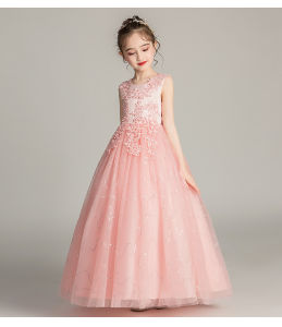 Baby Girl Formal Gowns sleeveless O-neck Fashion lace solid embroidery Party Mesh Long Dress Princess Kids Teenage girls clothing