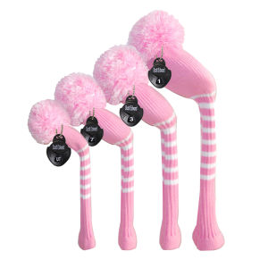 Scott Edward Golf Head Covers 4PCS for Driver*1 Fairway*2 and Hybrid/UT*2Cimson Red Stripes Fluffy Pom Double Layers Knit Long Neck Elastic Yarn Durable Washable Golf Club ProtectorKeep Away From Dust and Scratch Decorate Golf Life