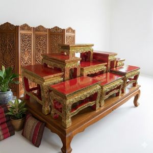 โต๊ะหมู่บูชา ชุดใหญ่ หมู่ 9 หน้า 9 (รวม 10 ชิ้น) ไม้สักแท้ สีแดงเดินเส้นทอง ฐานกว้าง 1.5 เมตร