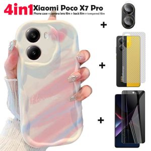 For Xiaomi Poco X7 Pro case and tempered glass PocoX7 Pro PocoX7Pro 5G Cream phone case Poco X7 pro Tempered Glass back film lens film Shockproof Case Ceramic membrane 4in1