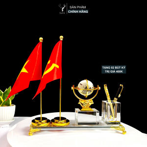 Hộp Đựng Bút Doanh Nhân Bắt Tay Hữu Nghị Cầu Pha Lê 2 cờ Chất Liệu Đồng Mạ Vàng và Pha Lê K9 Cao Cấp - Quà Tặng Sếp