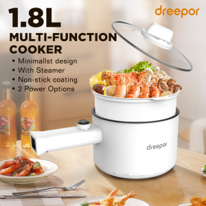 Dreepor Periuk Pemasak Elektrik 2L Pelbagai fungsi Dengan Kuali Tidak Melekat Pengukus 750W Electric Cooker Pot Hot Pot电煮锅