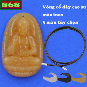 Mặt dây chuyền Phật A di đà đá vàng 2.2 x 3.6 cm 3.2 x 5 cm kèm vòng cổ dây cao su đen + móc inox Phật bản mệnh