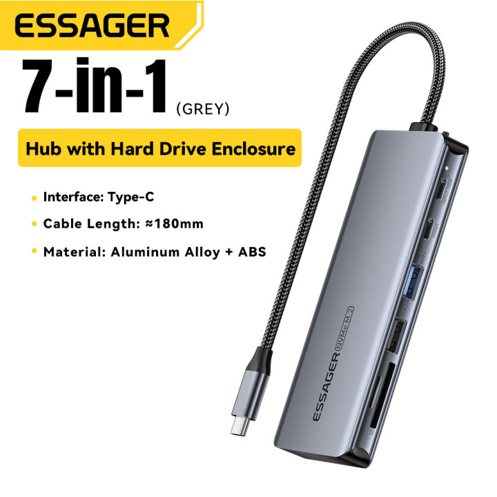 Essager 7/6-in-1 usb3.2 Loại C HUB Loại C để HDMI USB 3.2 Gen2 10gbps Loại bộ chuyển đổi C pd100w sạc nhanh trung tâm áp dụng cho M.2 (2230/2242/2260/2280) giao thức NVMe SSD Tương thích với M key B & m giao diện chính cho điện thoại máy tính bảng máy tín